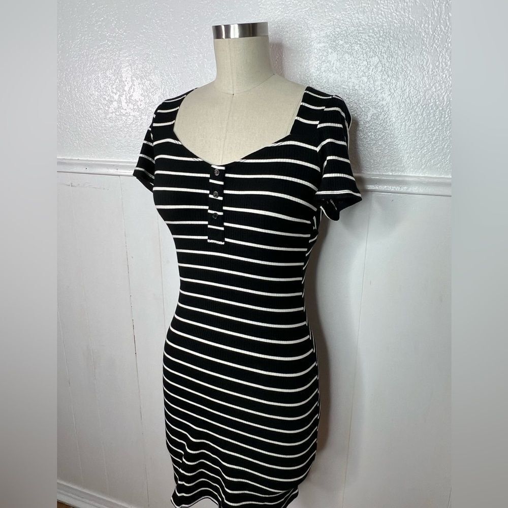 Reformation black and white stripe mini ribbed knit jersey dress M